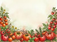 Watercolor illustration of ripe tomatoes with green foliage and yellow flowers arranged on cream background, suitable for recipe cards, cooking blogs, and food packaging designs.