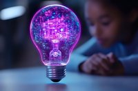 Glowing purple light bulb with digital circuit pattern floating in dark room while African American child observes with wonder, concept of innovation and learning.