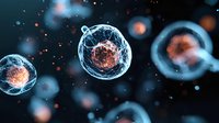 Microscopic view of glowing cells or organisms in transparent spherical membranes floating in dark space with bokeh light effects, scientific visualization.