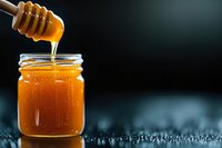 Golden honey dripping from wooden dipper into glass jar on dark background with copy space, natural organic sweetener captured in macro shot.