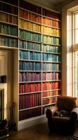 Rainbow colored books arranged by hue on floor-to-ceiling library shelves with leather armchair and natural window light for reading room interior design.