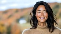 Young Asian woman with natural smile wearing beige turtleneck sweater outdoors in autumn. Wind blown dark hair frames glowing face against blurred fall landscape background.