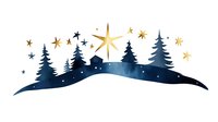 Winter landscape silhouette with golden star, pine trees and small house on snowy hill under starry night sky, watercolor style on white background.