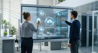 Business professionals using interactive touchscreen display with cloud computing interface in modern office environment for digital transformation presentations.