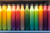 Colorful bottled beverages arranged in gradient spectrum display on refrigerated shelf, showcasing vibrant juices, smoothies and drinks for retail, grocery store, beverage industry marketing.
