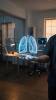 Doctor holding holographic lungs projection in modern medical office for respiratory health consultation and pulmonology diagnosis.