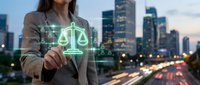 Professional businesswoman touching digital justice scales hologram with city skyline background at dusk representing legal technology and law firm services.