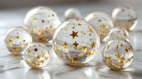 Transparent glass spheres with golden star decorations scattered on marble surface, creating elegant festive atmosphere for holiday decor.