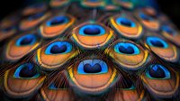Vibrant peacock feather pattern with iridescent blue, orange, and gold eye spots arranged in symmetrical rows against dark background, creating mesmerizing natural design.