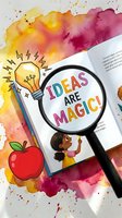 Magnifying glass revealing colorful text on open book with hand-drawn lightbulb, apple, and young girl character against vibrant watercolor splashes in yellow, pink, and magenta tones for educational and creative concepts.