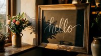 Rustic chalkboard sign with hello lettering in wooden frame, fresh flowers nearby, warm sunlight through window, cozy home decor.