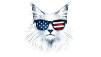 White fluffy cat wearing sunglasses with American flag pattern reflection, patriotic pet illustration on isolated background for Independence Day designs.