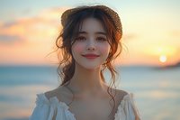 Young Asian woman with curly updo hairstyle and red lipstick smiling at sunset beach, wearing white romantic dress. Golden hour portrait with ocean background.