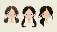 Cute cartoon female faces with different hairstyles featuring brown hair in pigtails, straight long braids, and loose side-swept style on beige background.