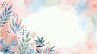 Watercolor botanical elements with monstera leaves, ferns, and potted plants arranged on soft pastel background with copy space for design projects.