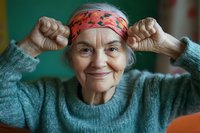 Senior Caucasian woman flexing biceps showing strength and vitality in colorful headband and sweater. Active aging and fitness motivation concept.