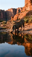 Warthog drinking water at desert oasis with red rock canyon reflection during golden hour sunset light creating mirror surface in arid landscape wilderness.
