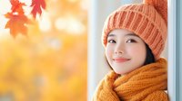 Young Asian woman wearing orange knit hat and scarf smiling contentedly while looking up, autumn maple leaves and warm sunlight in background, seasonal lifestyle portrait.