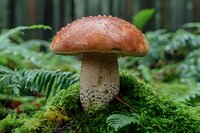 Wild orange-brown mushroom with water droplets growing on moss in lush green forest undergrowth, perfect for nature photography.