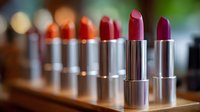 Colorful lipsticks arranged in row on wooden surface with soft bokeh background. Gradient from coral to deep purple shades showcases variety of makeup products.