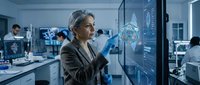 Middle-aged Caucasian female scientist analyzing holographic brain data on futuristic transparent display in modern medical research laboratory facility.