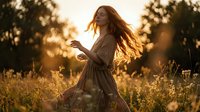 Young Caucasian woman with long red hair dancing freely in golden meadow at sunset, expressing joy and freedom in nature during golden hour.