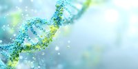DNA double helix structure in blue and green colors with glowing particles on soft blurred background for genetics, biotechnology, and medical research.