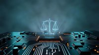 Glowing scales of justice hover over a futuristic circuit board, symbolizing AI law, digital ethics, and technology regulation in a dark blue setting.