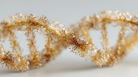 Golden DNA helix structure with sparkling crystalline texture on white background, representing genetic science and biotechnology research.
