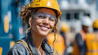 Smiling female construction worker wearing yellow hard hat and safety glasses on busy job site with blurred workers in background for workplace safety campaigns.
