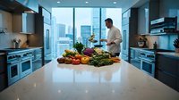 Professional chef preparing fresh organic vegetables in modern luxury kitchen with city skyline view. Culinary expertise and healthy cooking lifestyle concept.