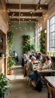 Modern coworking space with diverse professionals working at wooden tables surrounded by green plants and warm string lighting in industrial loft setting.