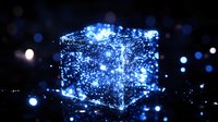 Glowing blue cube with sparkles and light particles floating in dark space, creating magical atmosphere. Abstract digital art concept for technology and innovation.