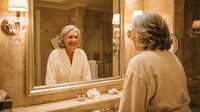 Senior woman in bathrobe looking at mirror reflection in luxury bathroom. Mature female enjoying spa wellness routine at home with elegant lighting and marble decor.