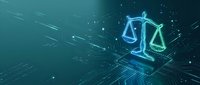 Digital justice scales with glowing circuit patterns and data streams on dark teal background for legal technology and law firm presentations.