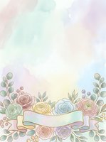 Soft watercolor floral background with pastel roses, green leaves, berries, and a ribbon banner, perfect for wedding invitations and greeting cards.