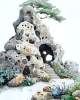 Mystical stone formation with carved steps leading to dark cave entrance, surrounded by bonsai trees and wild plants in watercolor style. Suitable for fantasy art.