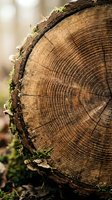 Tree ring cross-section showing annual growth patterns with moss and lichen growth on bark edge, representing wood texture, forestry, environmental science and nature education.