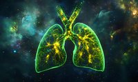Glowing green human lungs with illuminated bronchial tree against cosmic background showing respiratory system anatomy in space environment with nebula effects.