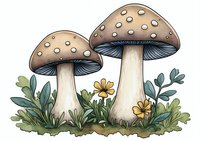 Whimsical brown spotted mushrooms with blue gills surrounded by green foliage and yellow wildflowers, illustrated in watercolor style on white background.