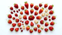 Fresh red and white strawberries arranged in circular pattern on white background, isolated for design use, food styling, culinary projects, recipe blogs, and packaging.
