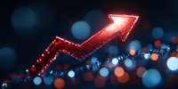 Glowing red arrow chart trending upward against dark background with blue bokeh lights, representing business growth and financial success in markets.