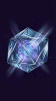 Glowing geometric crystal with blue and purple energy core on dark tech background, suitable for sci-fi, technology, and digital design projects.