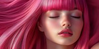 Close up portrait of young woman with vibrant pink hair and matching lipstick against pink background, eyes closed in serene expression.