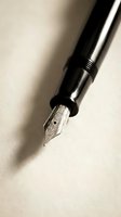 Fountain pen with ornate metal nib resting on cream paper, casting soft shadow. Suitable for writing, stationery, and business communication concepts.