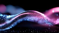 Abstract flowing wave of glittering particles in purple, pink and blue colors creating dynamic motion effect on dark background for digital art projects.