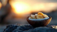 Coconut bowl filled with fresh banana slices and nuts on rocky surface during golden hour sunset for healthy breakfast and tropical lifestyle concepts.