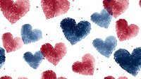 Watercolor hearts in red and navy blue scattered on white background create romantic seamless pattern with delicate splatter texture for Valentine's Day designs.