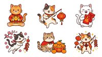 Cute cats celebrating lunar new year with lanterns, gold coins, and festive decorations. Isolated clipart characters ready for greeting cards, invitations, and holiday designs.