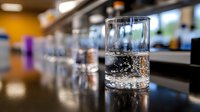 Glass of sparkling water with bubbles on modern kitchen counter in contemporary home interior with blurred background for healthy lifestyle concepts.